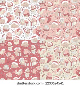 Set of four seamless pattern with cute Guinea pigs in Santa hat, gifts, candy cane and snowflakes. Christmas background. Vector illustration.