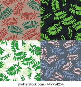 Set of four seamless pattern with hand-drawn tropical leaves