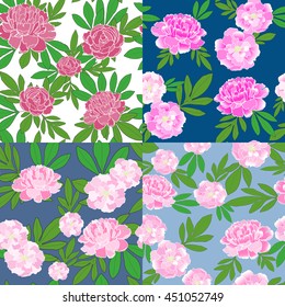 Set of four seamless pattern with hand-drawn peonies