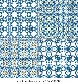 Set of four seamless pattern illustration in blue and yellow - like Portuguese tiles