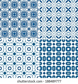 Set of four seamless pattern illustration in blue and white - like Portuguese tiles