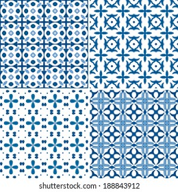 Set of four seamless pattern illustration in blue and white - like Portuguese tiles