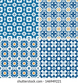 Set of four seamless pattern illustrations in blue and orange - like Portuguese tiles