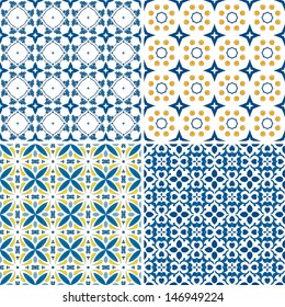 Set of four seamless pattern illustrations in blue and orange - like Portuguese tiles