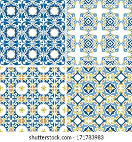 Set of four seamless pattern illustrations made of floral elements - like Portuguese tiles