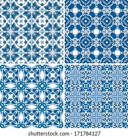 Set of four seamless pattern illustrations made of floral elements - like Portuguese tiles