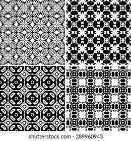 Set of four seamless pattern illustrations in traditional style - like Portuguese tiles in black and white