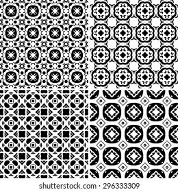 Set of four seamless pattern illustrations in traditional style - like Portuguese tiles in black and white