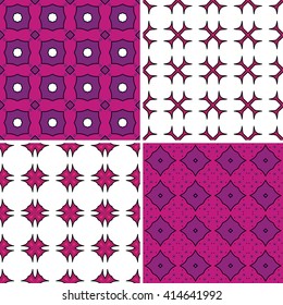 Set of four seamless pattern illustrations in pink, purple and white