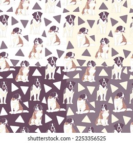 Conjunto de cuatro patrones sin fisuras con perros de santo bernard. Ilustración vectorial.