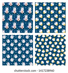 Set of four seamless pattern with unicorns and cupcakes