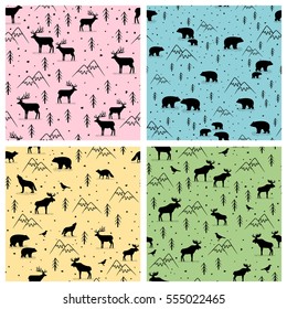 Set of four seamless pattern with wild animals on different backgrounds