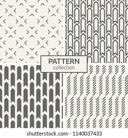 Set of four seamless patterns. Abstract geometric trendy vector backgrounds. Modern stylish textures of repeating arrows, diagonal stripes. Simple geometric shapes.