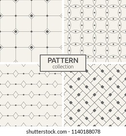 Set of four seamless patterns. Abstract geometrical trendy vector backgrounds. Modern stylish textures of rhombuses, intersecting circles. Dots connected with lines. Symmetric geometric ornaments.