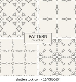 Set of four seamless patterns. Abstract geometric trendy vector backgrounds. Modern stylish textures. Regularly repeating ornament of geometric shapes. Abstract symbols. Geometric lattice.