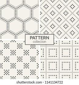 Set of four seamless patterns. Abstract geometric trendy vector backgrounds. Modern stylish textures of dotted squares, dotted rhombuses, dotted hexagons. Simple minimalistic vector backgrounds.