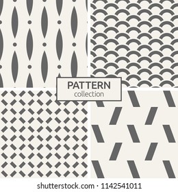 Set of four seamless patterns. Abstract geometric vector backgrounds. Modern stylish textures of regularly repeating geometric shapes, inclined rectangles, bold arcs. Minimalistic graphic prints.
