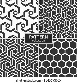 Set of four seamless patterns. Abstract geometric vector backgrounds. Repeating geometric tiles of hexagons. Chevron elements form stylish tileable print. Polygonal grid of bold striped elements.