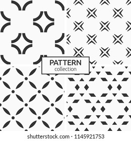 Set of four seamless patterns. Abstract geometrical trendy vector backgrounds. Modern stylish textures. Repeating geometric tiles of stylized flowers, tiny rhombuses, triangles, symmetric shapes.