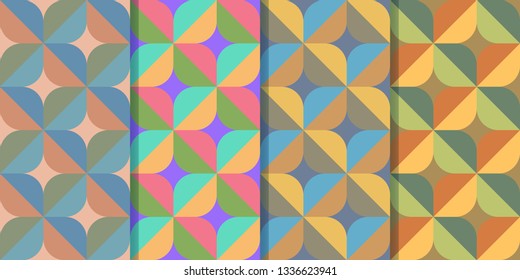 Set of four seamless patterns with abstract figures of cross-shaped structure in one style. Colorful illustration, eps10. Clipping mask applied.