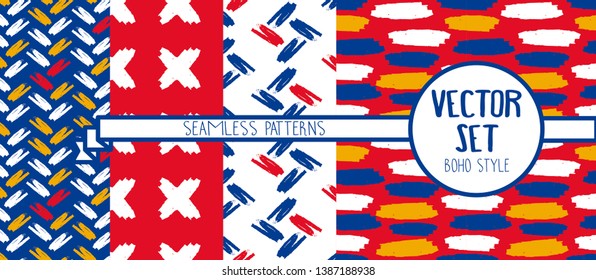 Set of four seamless patterns for abstract art, red, white, blue, yellow colors, vector illustration
