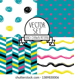 Set of four seamless patterns for abstract art, polka dot, chevron and waves,vector illustration