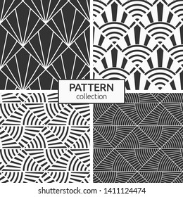 Set of four seamless patterns. Abstract geometric trendy monochrome vector backgrounds. Modern stylish textures of striped rhombuses. Art deco sunburst patterns. Burst lines.