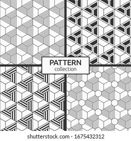 Set of four seamless patterns. Abstract geometric trendy vector backgrounds. Geometric tiles with triple hexagonal elements. Vector monochrome backgrounds based on Japanese ornament Kumiko.