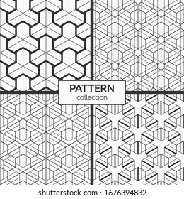 Set of four seamless patterns. Abstract geometric trendy vector backgrounds. Modern stylish textures. Geometric tiles with triple hexagonal elements. Vector monochrome backgrounds.
