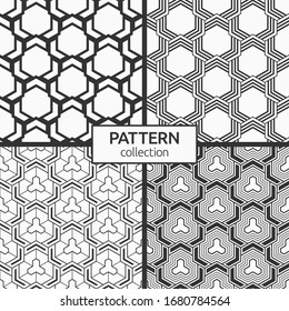 Set of four seamless patterns. Abstract geometric trendy vector backgrounds. Modern stylish textures. Geometric tiles with triple weaving elements and filled shapes. Vector monochrome backgrounds.