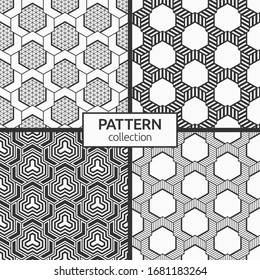 Set of four seamless patterns. Abstract geometric trendy vector backgrounds. Modern stylish textures. Geometric tiles with triple weaving elements and filled shapes. Vector monochrome backgrounds.