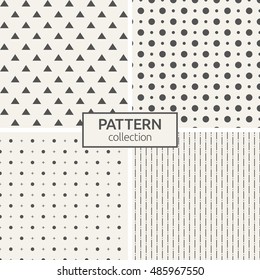 Set of four seamless patterns. Abstract geometrical backgrounds. Modern stylish textures with repeating circles, dotted lines, crosses, triangles. Vector backgrounds.