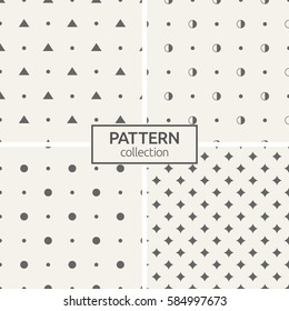 Set of four seamless patterns. Abstract geometrical trendy vector backgrounds. Modern stylish textures with repeating circles, dots, triangles, half-filled circles and curved stars.