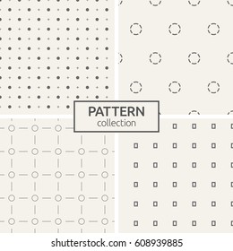 Set of four seamless patterns. Abstract geometrical trendy vector backgrounds. Modern stylish textures with repeating circles, lines, dotted circles, dots and plus signs, rectangles.
