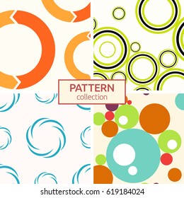 Set of four seamless patterns. Abstract geometrical trendy vector backgrounds. Modern stylish textures of repeating circles, dots, bubbles, circular arrows, circular elements.