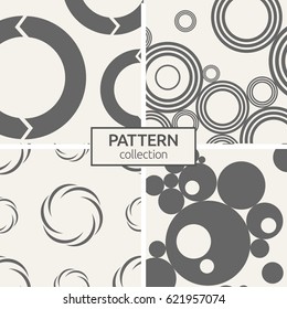 Set of four seamless patterns. Abstract geometrical trendy vector backgrounds. Modern stylish textures of repeating circles, dots, bubbles, circular arrows, circular elements.