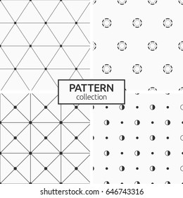 Set of four seamless patterns. Abstract geometric trendy vector backgrounds. Modern stylish textures of repeating triangles, rectangles, circles, polka dots, half-filled circles, dotted circles.