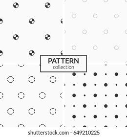 Set of four seamless patterns. Abstract geometric trendy vector backgrounds. Modern stylish textures of repeating triangles, rectangles, circles, polka dots, half-filled circles, dotted circles.