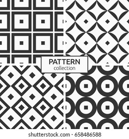 Set of four seamless patterns. Abstract geometric trendy vector backgrounds. Modern stylish textures of repeating squares, circles, rhombuses. Flat design. Simple minimalistic vector backgrounds.