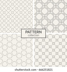 Set of four seamless patterns. Abstract geometric vector backgrounds. Modern stylish textures of overlapping rounded rectangles, rhombuses, geometric shapes. Geometric lattice. Linear style.