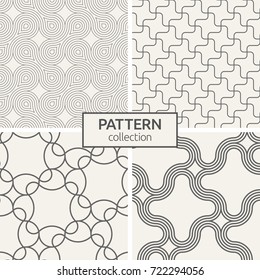 Set of four seamless patterns. Abstract geometrical trendy vector backgrounds. Modern stylish textures with regularly repeating geometrical shapes, smooth lines. Tangled round stripes patterns.