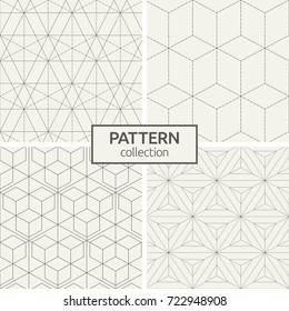 Set of four seamless patterns. Abstract geometrical trendy vector backgrounds. Linear style. Modern stylish textures. Linear grid with triangles, rhombuses and hexagons. Dotted lines.