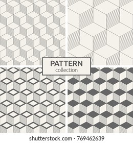 Set of four seamless patterns. Abstract geometrical trendy vector backgrounds. Linear style. Modern stylish textures with isometric cubes. Contemporary graphic design. Fashion background. 3D design.