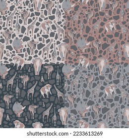 Conjunto de cuatro patrones sin soldadura con animales africanos. Fondo decorativo. Ilustración vectorial.