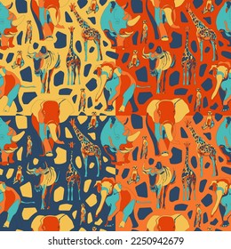 Set of four seamless patterns with african animals. Vector illustration.