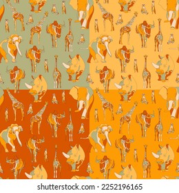 Set of four seamless patterns with african animals. Vector illustration.