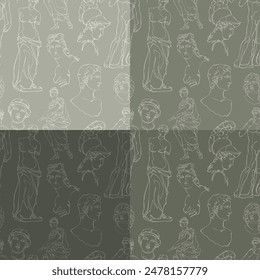 Set of four seamless patterns with ancient sculptures and statues. Vector illustration.