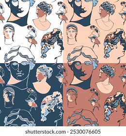 Set of four seamless patterns with ancient sculptures. Vector illustration.