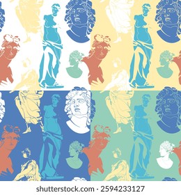 Set of four seamless patterns with ancient sculptures and statues. Vector illustration.