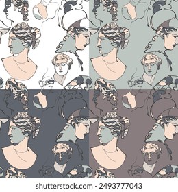 Set of four seamless patterns with antique statues and sculptures. Vector illustration.